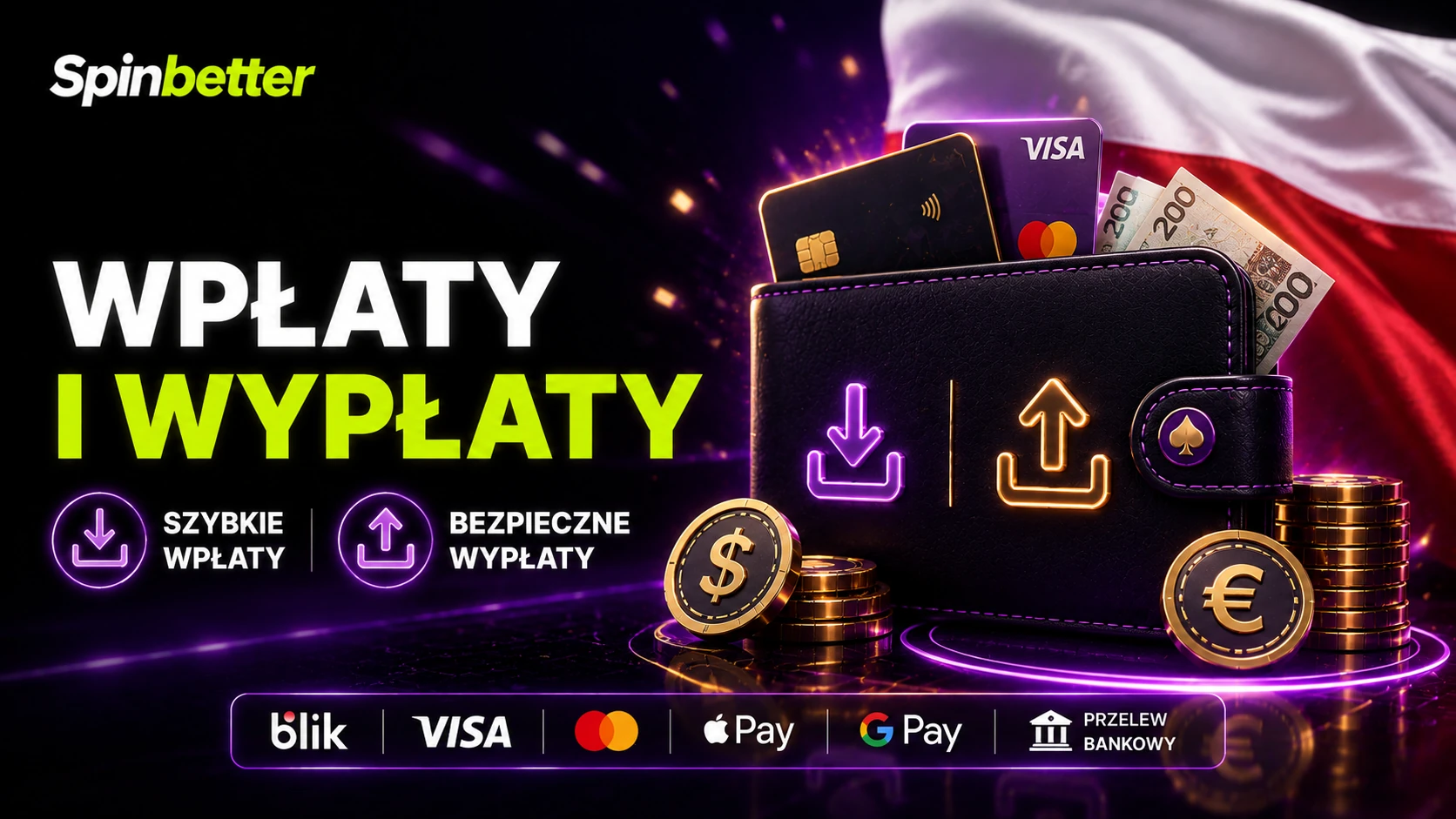 Sekcja kasy z listą metod wpłaty i wypłaty dostępnych na koncie w złotówkach